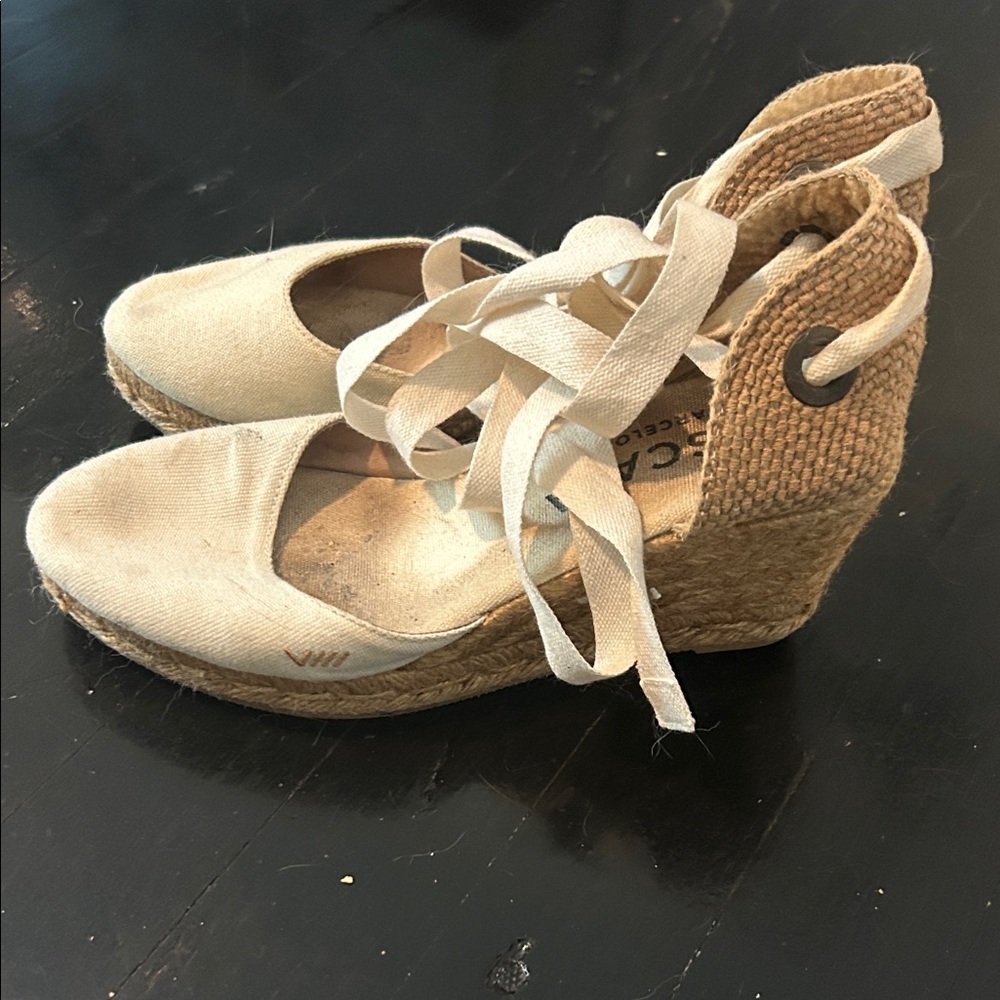Canvas Lace-Up Espadrille Wedges in Cream